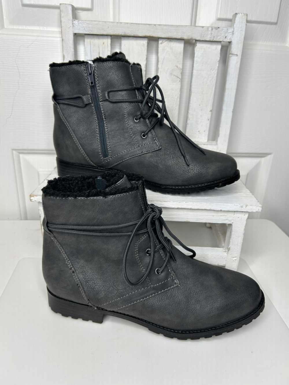 Sporto Women's Dark Gray Lace-Up Ankle Boots with Faux Fur Trim